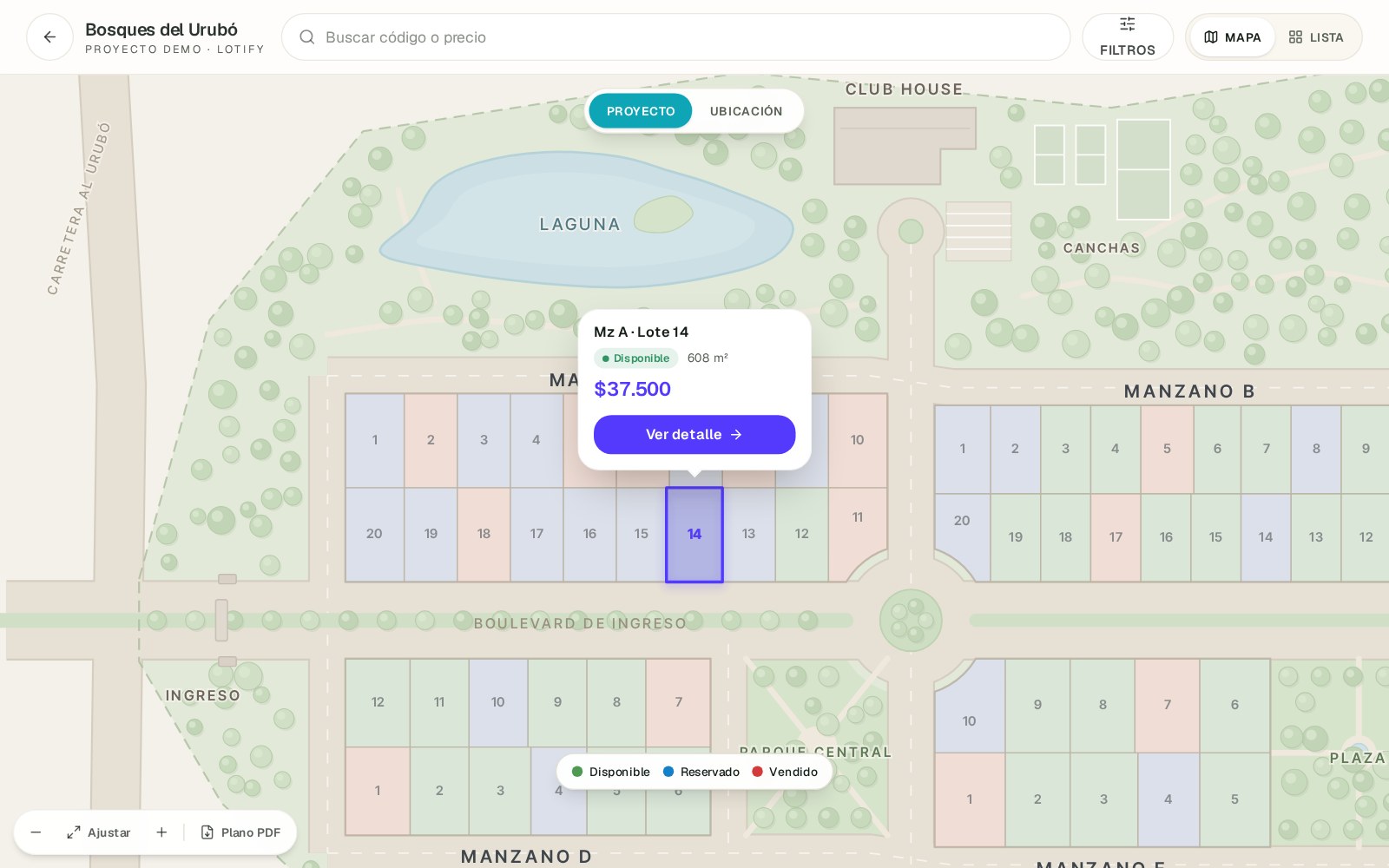 Masterplan interactivo de Lotify con el lote A-14 del proyecto demo Bosques del Urubó seleccionado